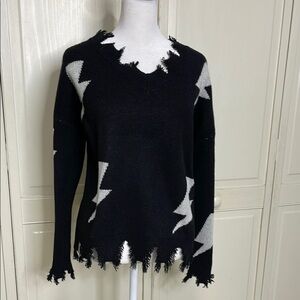 Versona Women’s Lightning Destructed V-Neck Sweater Black Sz M Punk Goth Stylish